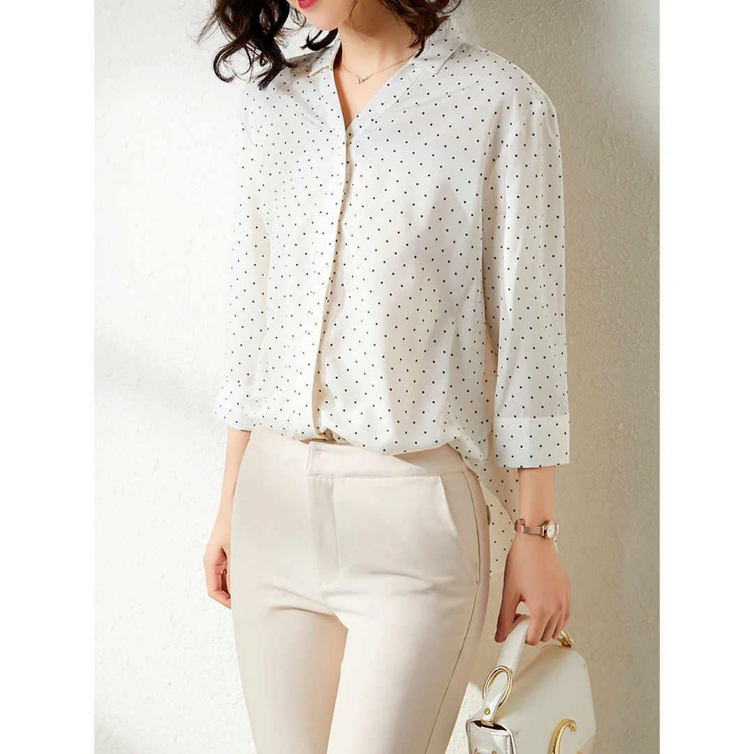 原形小波点V领七分袖衬衫春夏韩版洋气上衣70093