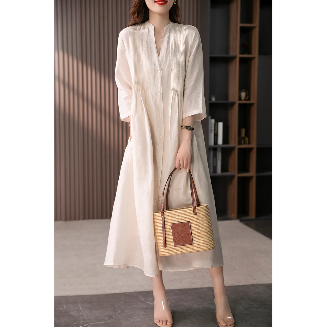 原形高级感法式苎麻V领连衣裙褶皱设计感长裙子U89241