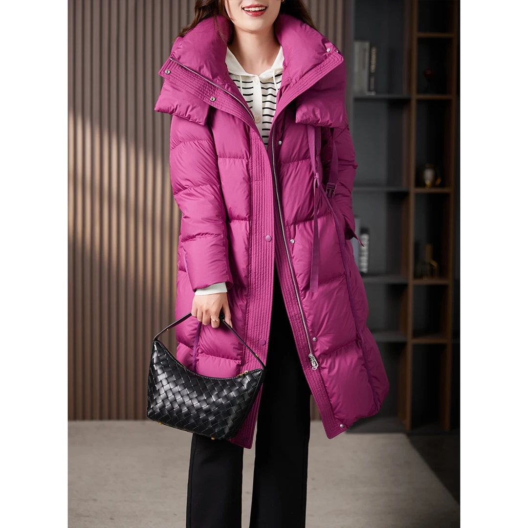 原形2025时尚高端长款羽绒服过膝90白鸭绒气质保暖连帽外套U89766