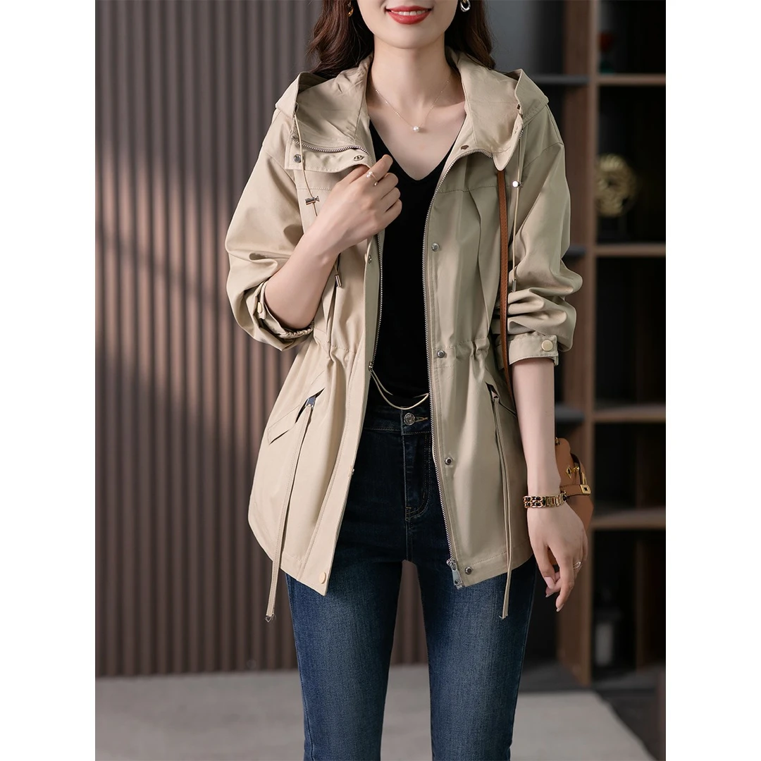 原形法式高级感连帽风衣女韩版收腰工装外套小个子中长款85882