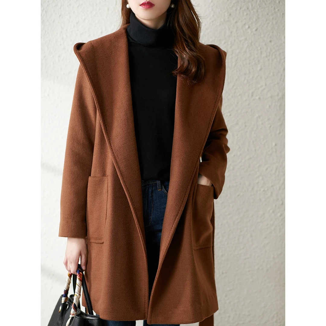 原形加厚连帽羊毛大衣宽松显瘦洋气毛呢外套U58723