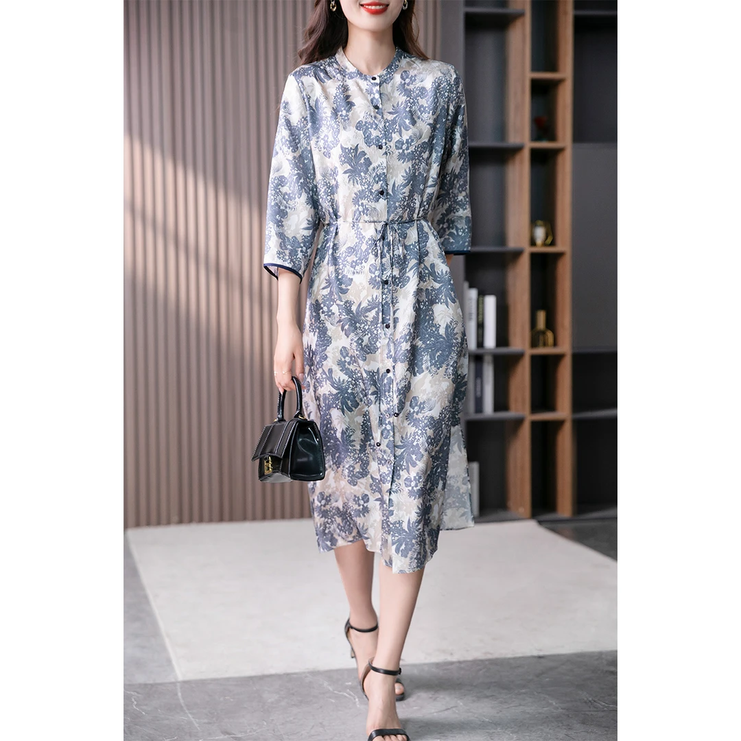 原形2025夏季桑蚕丝22姆米重磅斜纹绉韩版印花连衣裙89038