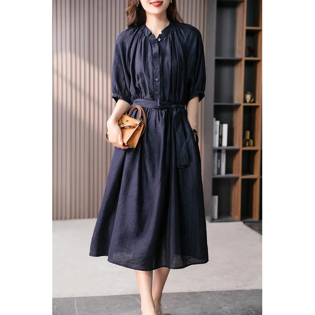 原形灯笼袖提花连衣裙女2025夏季收腰显瘦长款茶歇裙U89065