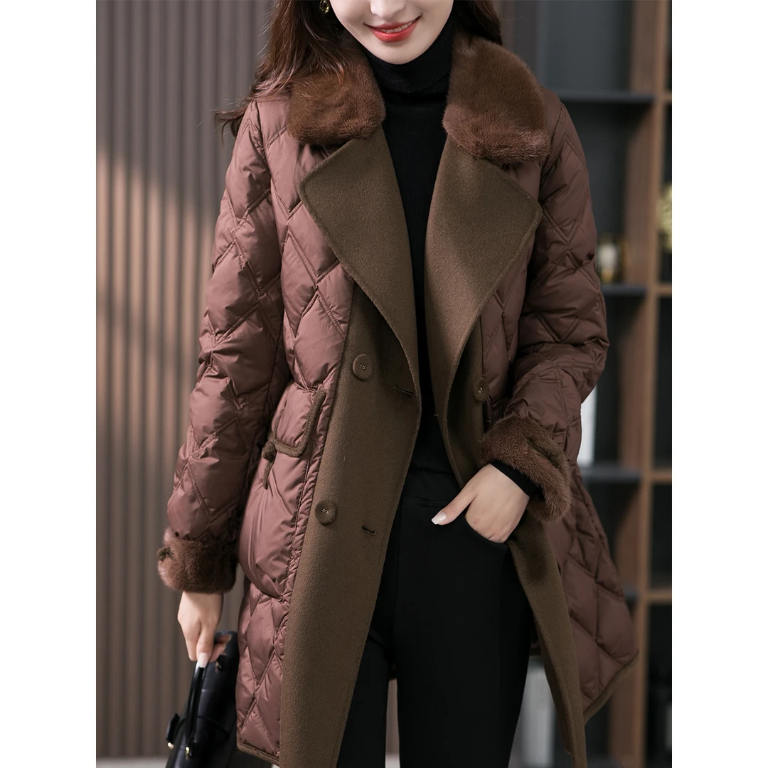 原形拼接羽绒服女2023冬季新款韩版水貂毛领90白鹅绒87677