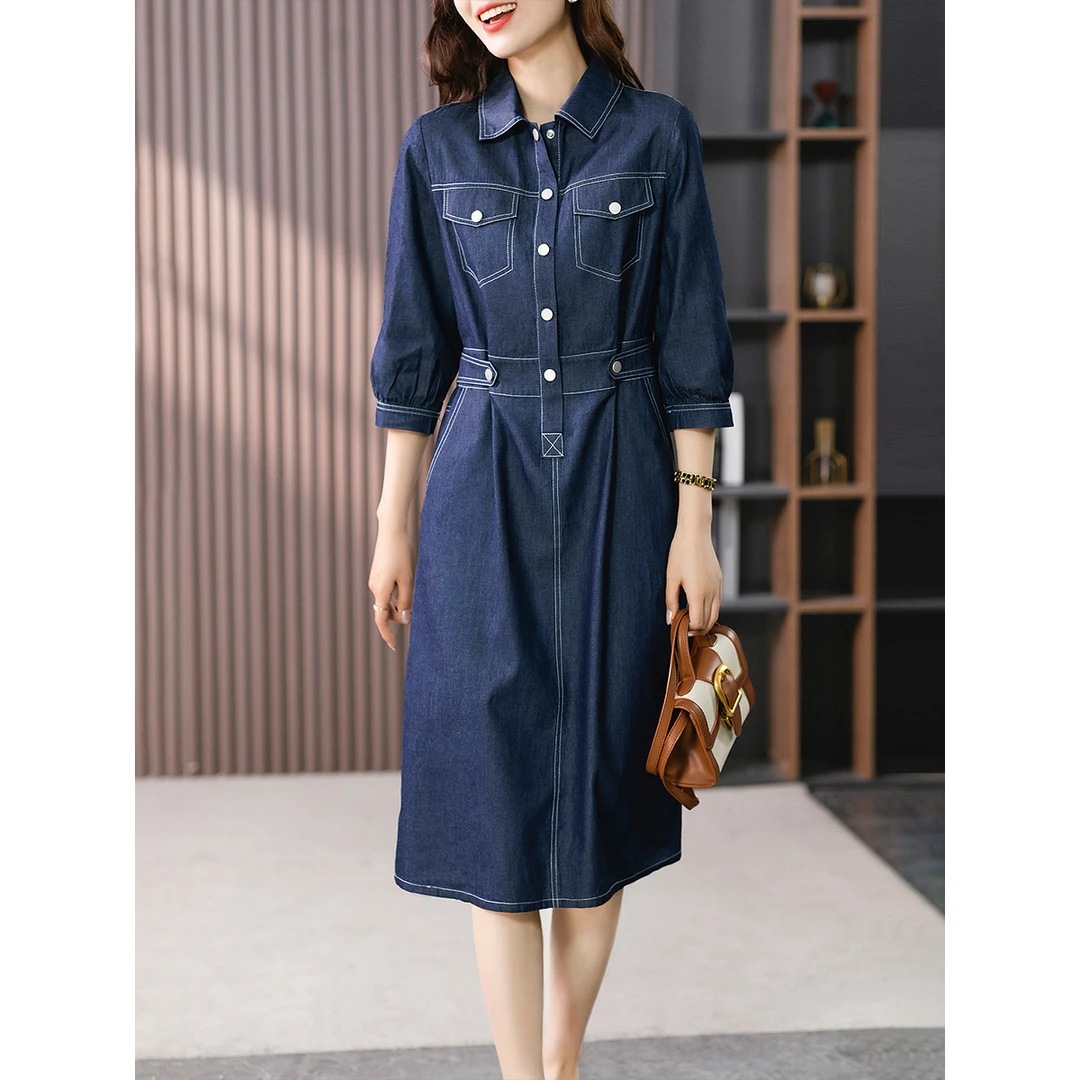 原形牛仔连衣裙春夏秋法式气质高腰设计感长裙子87340