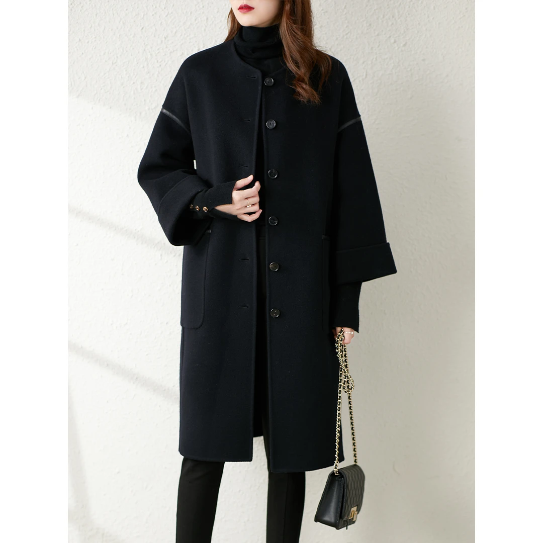 原形无领双面羊绒大衣秋冬新款黑色高贵时尚毛呢83741