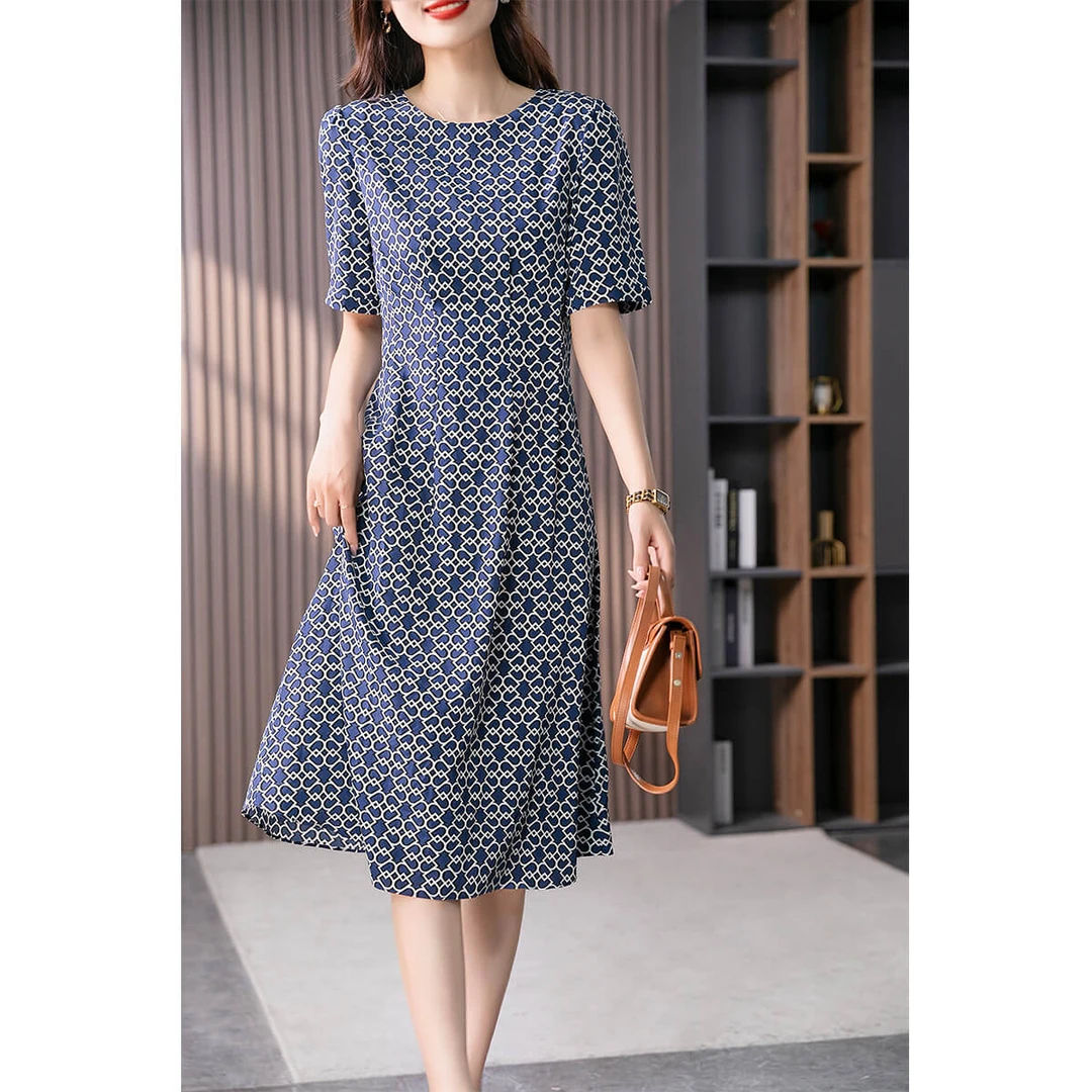 原形优雅20姆米弹力双绉洋气韩版印花桑蚕丝女装连衣裙89028气质