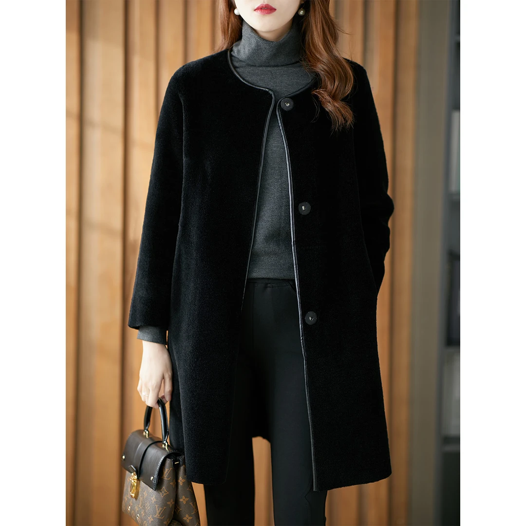原形黑色羊剪绒大衣冬季新款韩版中长款宽松皮毛一体外套U58066