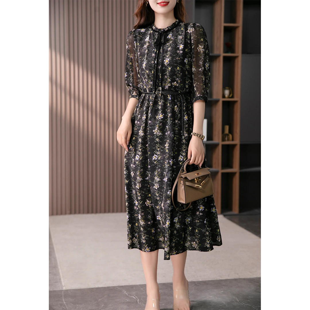 原形2025夏季03双绉18姆米乔其桑蚕丝碎花系带显瘦茶歇长裙89242