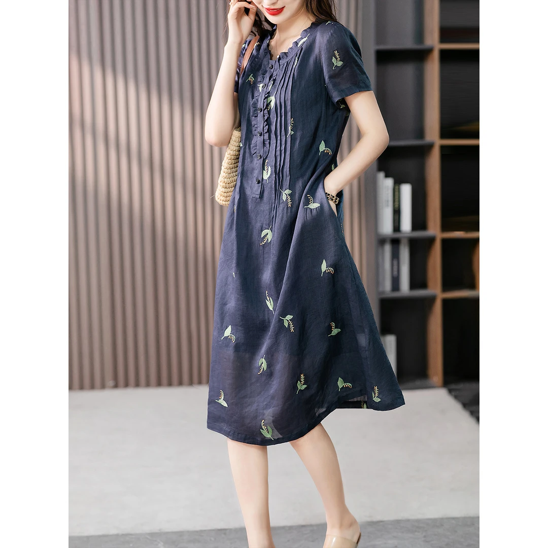 原形2025夏季女士复古气质显瘦苎麻连衣裙U85654-1