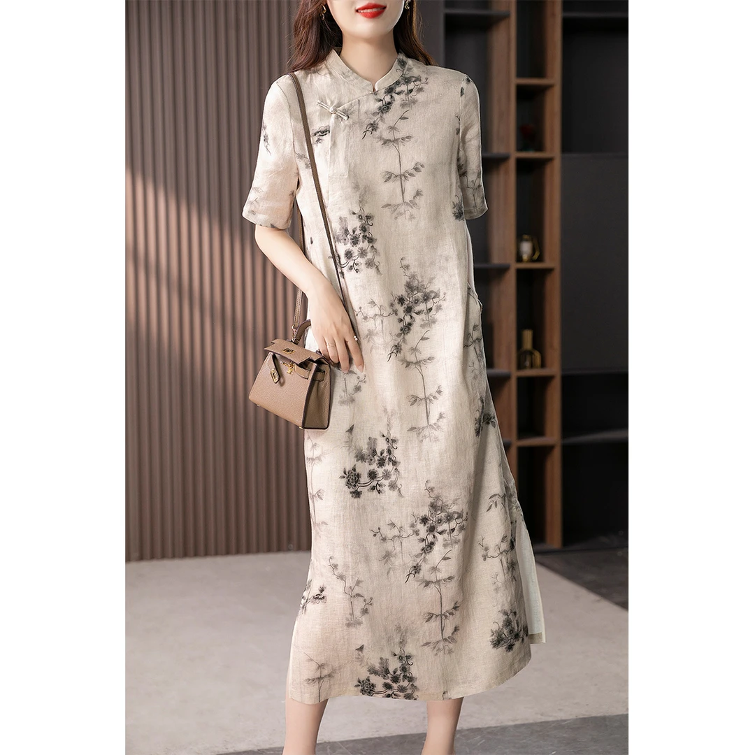 原形减龄气质中式优雅亚麻连衣裙2025夏印花宽松显瘦旗袍裙U89180