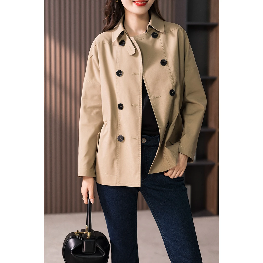 原形2025秋季宽松休闲翻领休闲双排扣时尚显瘦外套上衣U89457