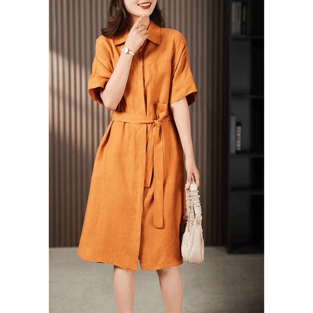 【一燃】原形设计感亚麻连衣裙衬衫裙高腰显瘦中长款裙89899