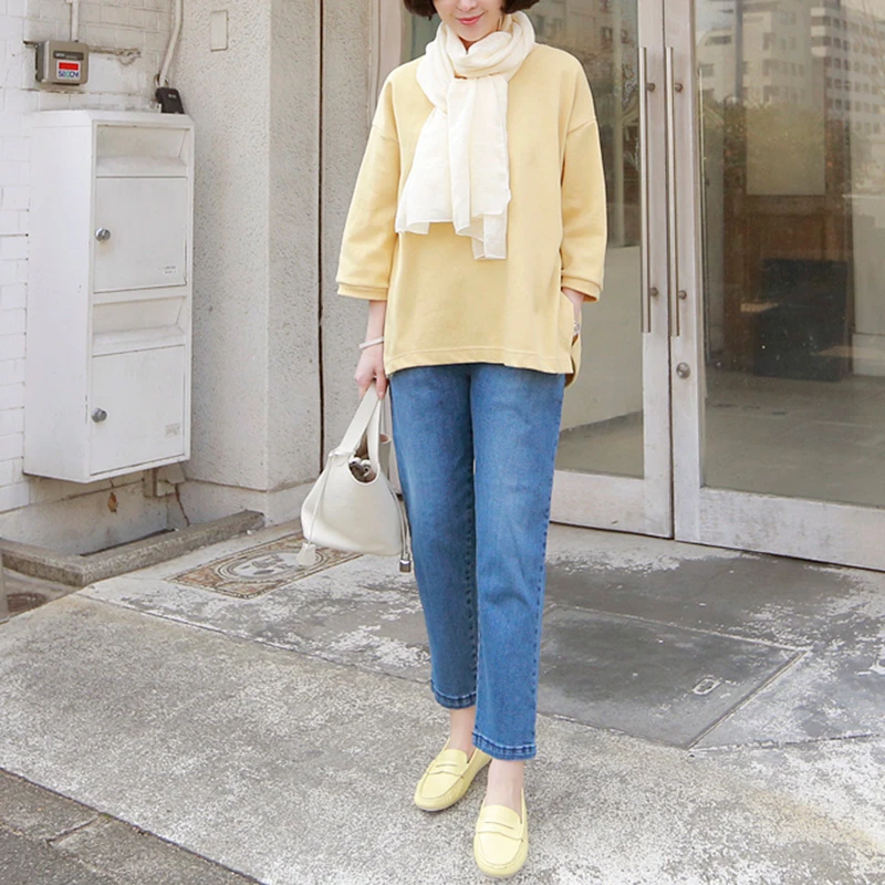 原形纯色百搭上衣夏季宽松开叉圆领中长袖T恤68653