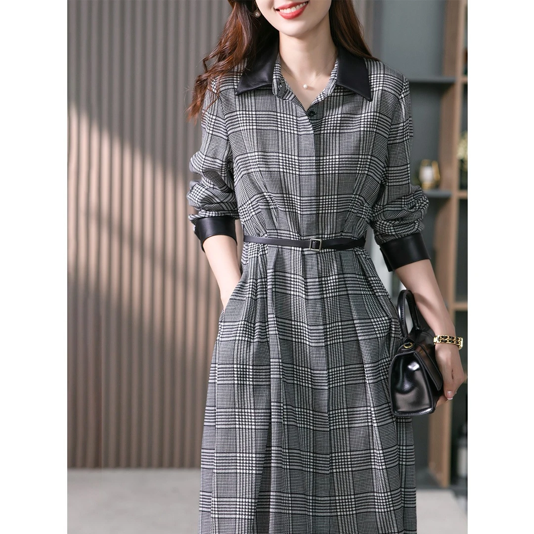原形秋季拼接千鸟格衬衫连衣裙韩版气质85921