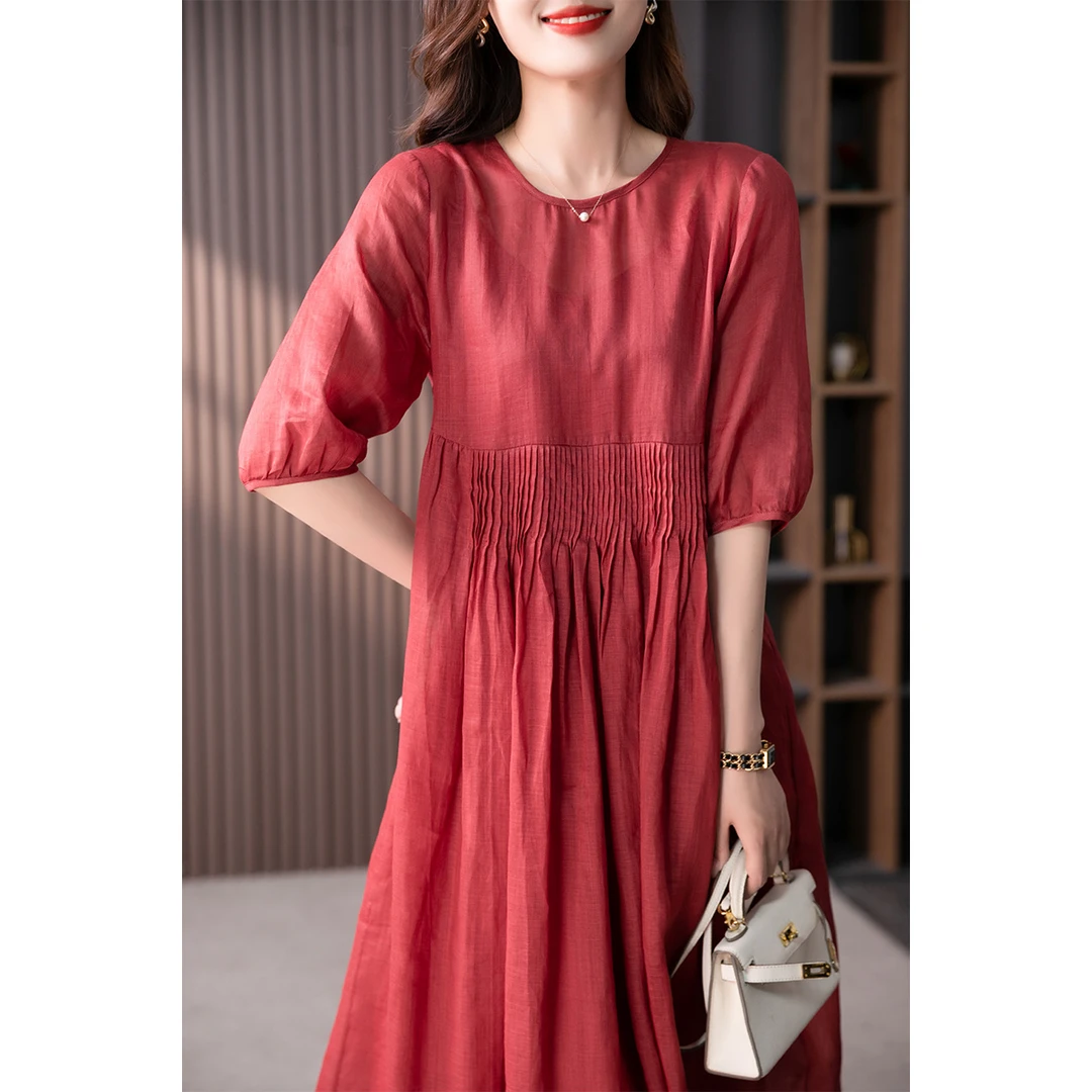 原形法式复古苎麻连衣裙新款褶皱休闲宽松显瘦长裙子U89165