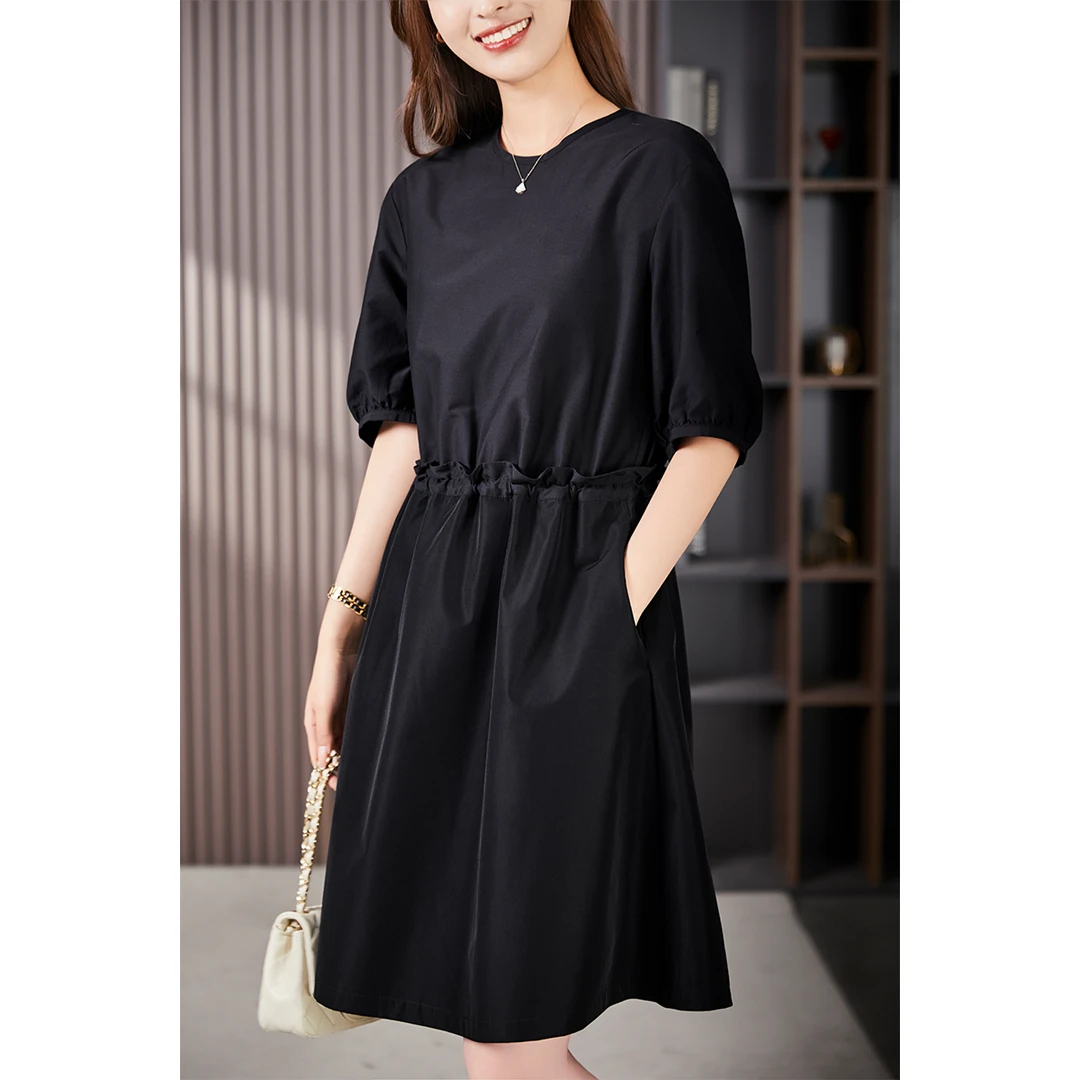 原形设计感拼接连衣裙2025夏季气质高腰显瘦桑蚕丝长裙90066