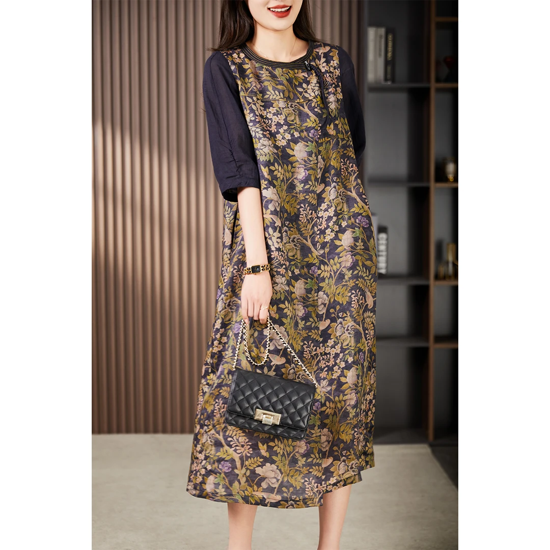 原形夏季印花复古优雅碎花宽松连衣裙长裙时尚文艺600005