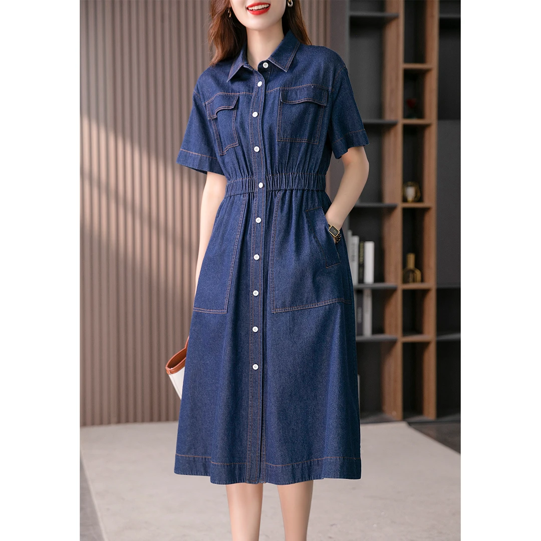 原形松紧收腰牛仔女装连衣裙单排扣短袖显瘦衬衫裙U89307气质