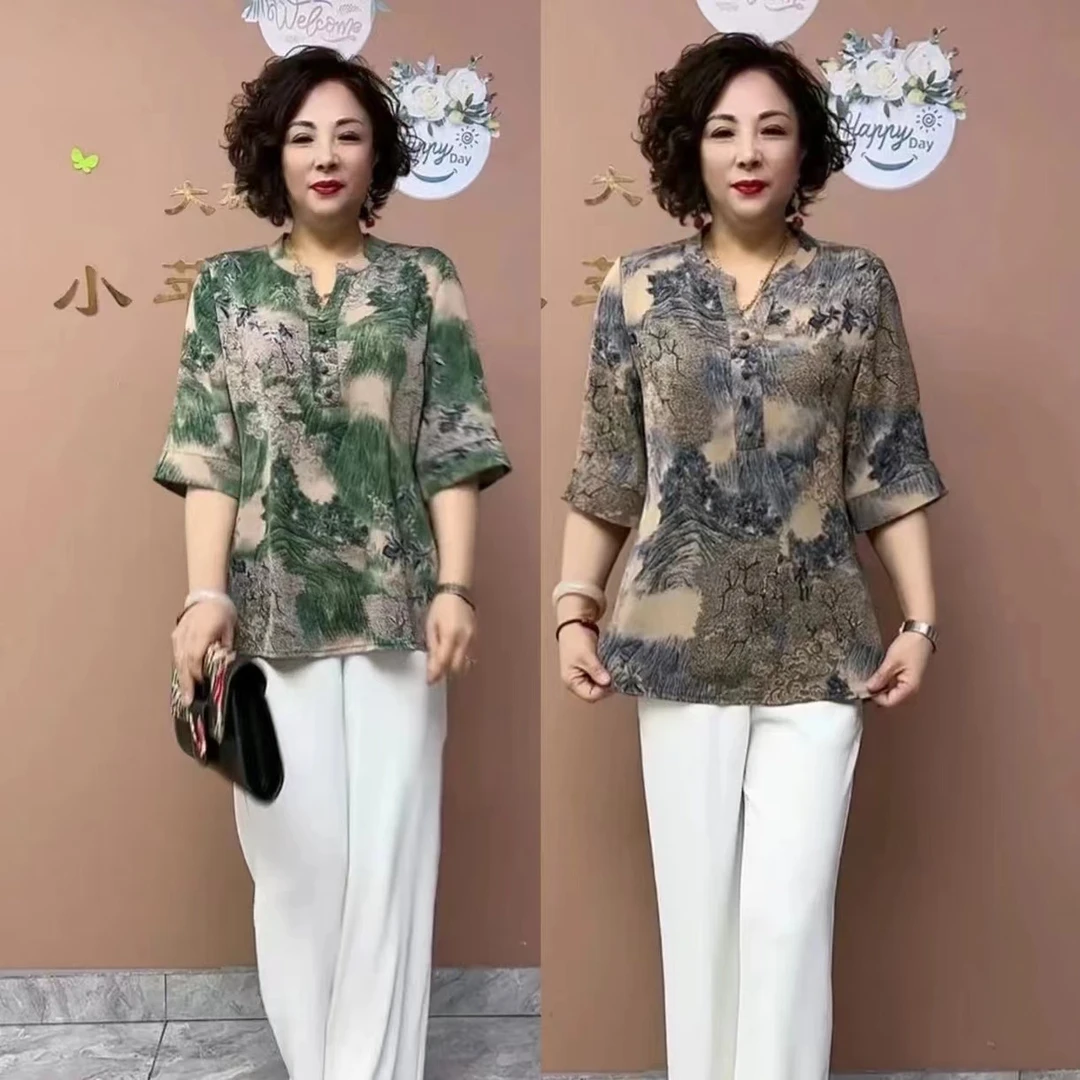 剪刀领时尚减龄宽松休闲妈妈衫大码洋气夏季气质中老年丝缎衫