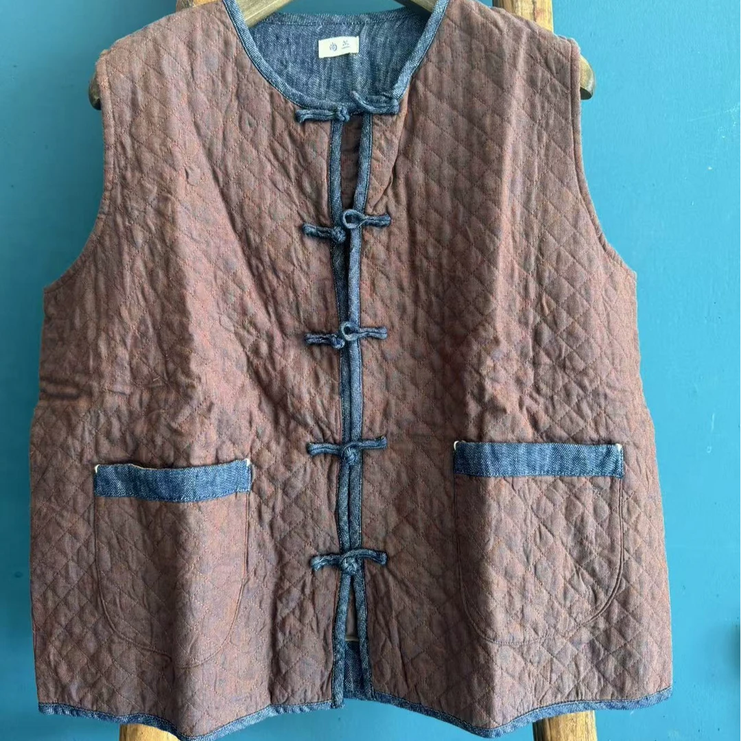 复古亚麻盘扣马甲双层设计休闲马夹