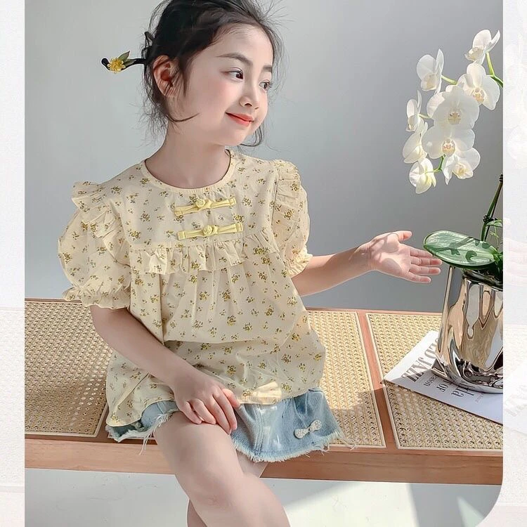 女童衬衫洋气女孩碎花长袖衬衣春装2025新款夏季儿童短袖上衣夏装