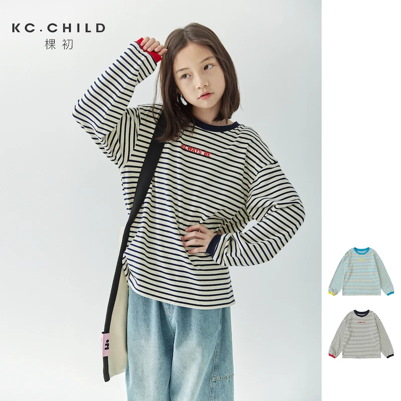 棵初25新款春秋季儿童经典条纹长袖T恤亲子装圆领撞色字母套头衫