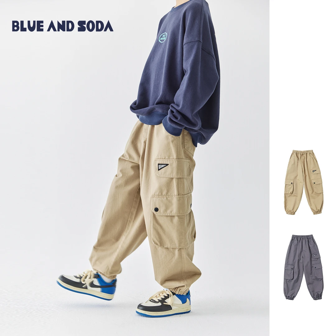 蓝汽水25春款斜纹重工水洗工装裤男童口袋设计中大童亲子束脚长裤