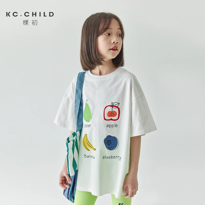 棵初24夏季新品儿童水果印花T恤亲子款百搭全棉白色基础短袖上衣
