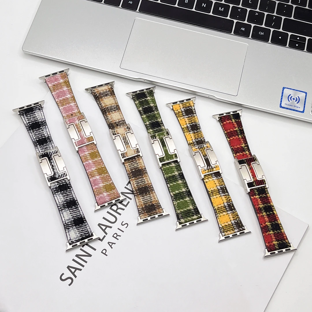 适配苹果S10表带秋冬毛呢表带复古美拉德格纹适用于iwatch全系列