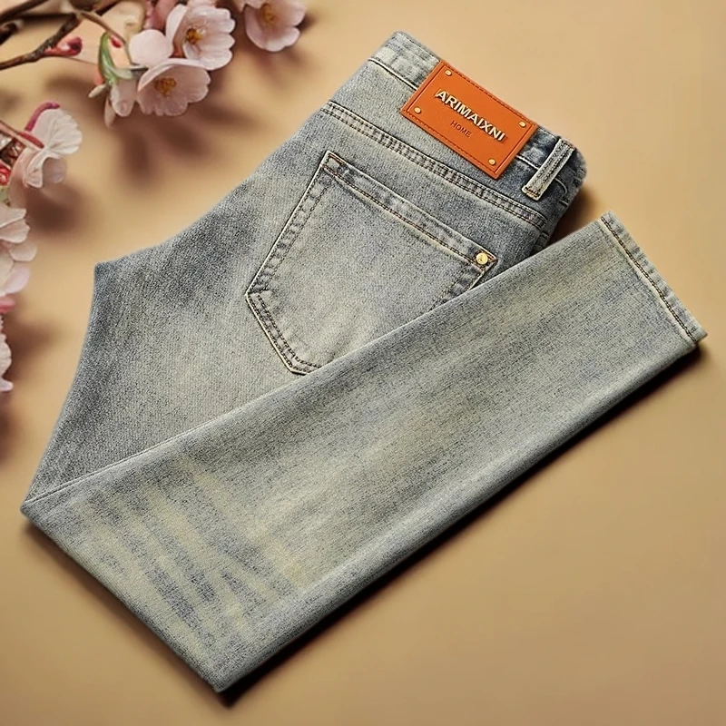 巴赛娜缇欧洲站男款高端复古怀旧修身小直脚个性帅气黄泥色牛仔裤