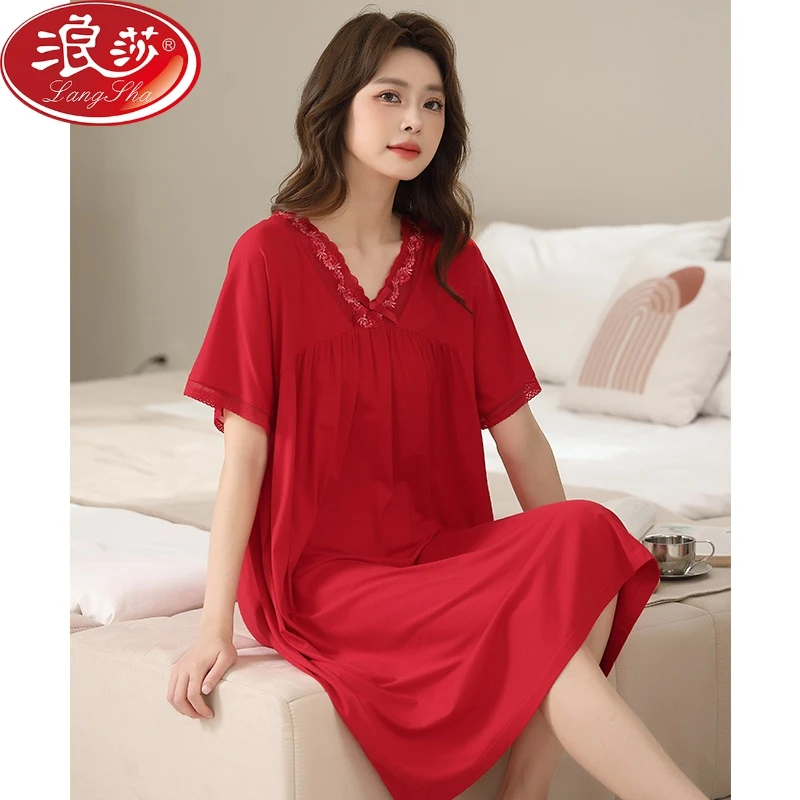 浪莎红色睡裙女士夏季丝光棉短袖睡衣裙高档宽松女款妈妈家居服