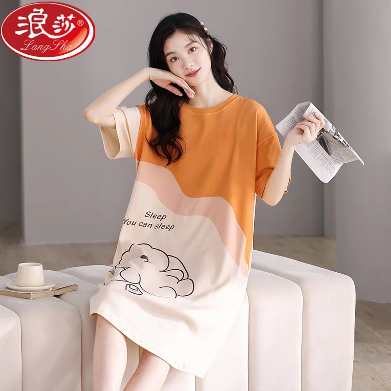 浪莎睡衣女夏纯棉短袖卡通睡裙可爱宽松薄款圆领韩版大码孕妇学生