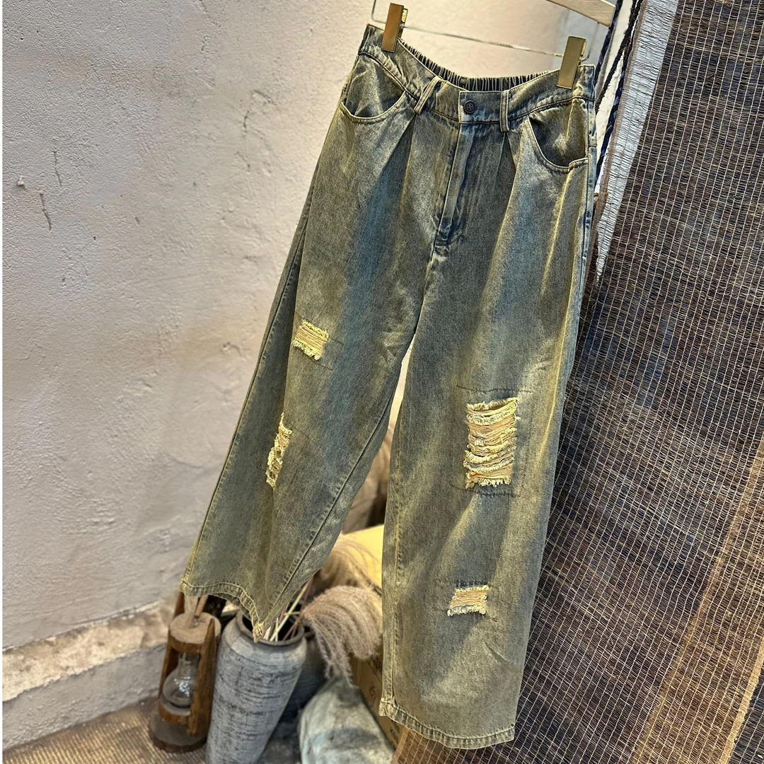 08134疯子张秋季纯棉复古水洗做旧宽松牛仔裤时尚磨破直筒休闲裤