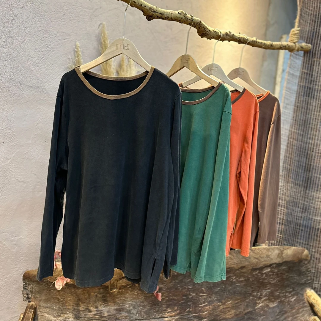 5682秋季纯棉撞色拼接宽松百搭打底上衣复古做旧纯色圆领休闲t恤
