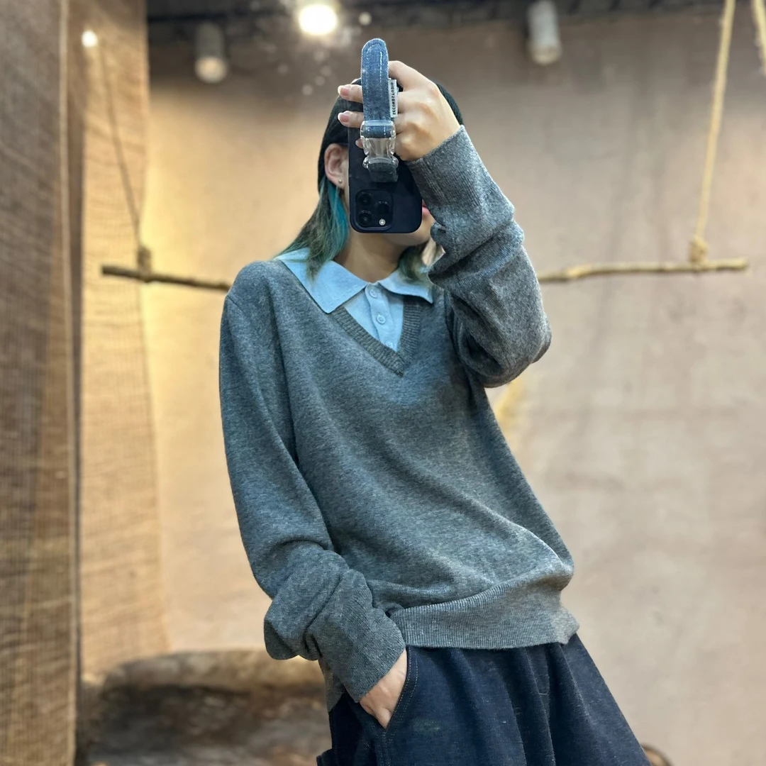 62405半隐微尘秋冬假两件polo衬衫领针织衫设计感宽松套头上衣