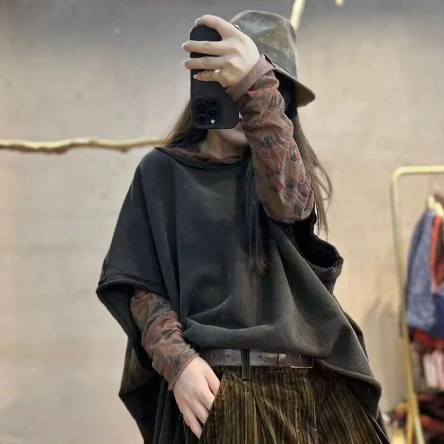 特33092荼吉爾秋季高品纯棉做旧百搭宽松背心个性大版圆领套头t恤