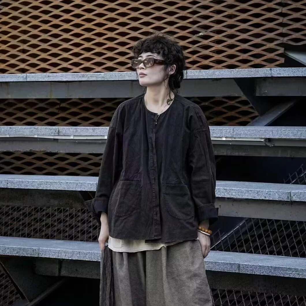 08343疯子张秋季高品纯棉坑条宽松薄款外套复古做旧文艺百搭上衣