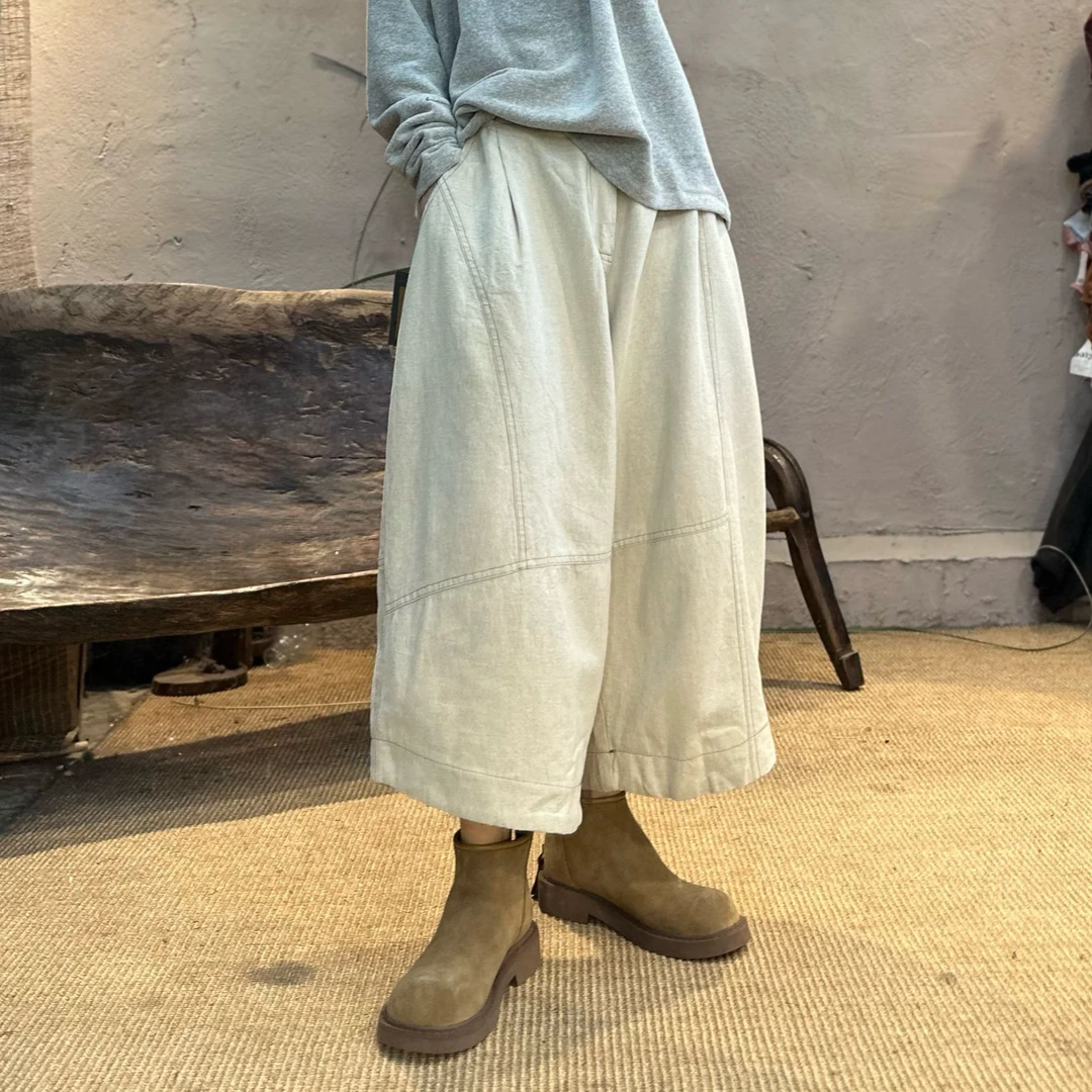 8026半隐微尘秋季双层棉麻混纺减龄百搭休闲裤复古做旧直筒七分裤
