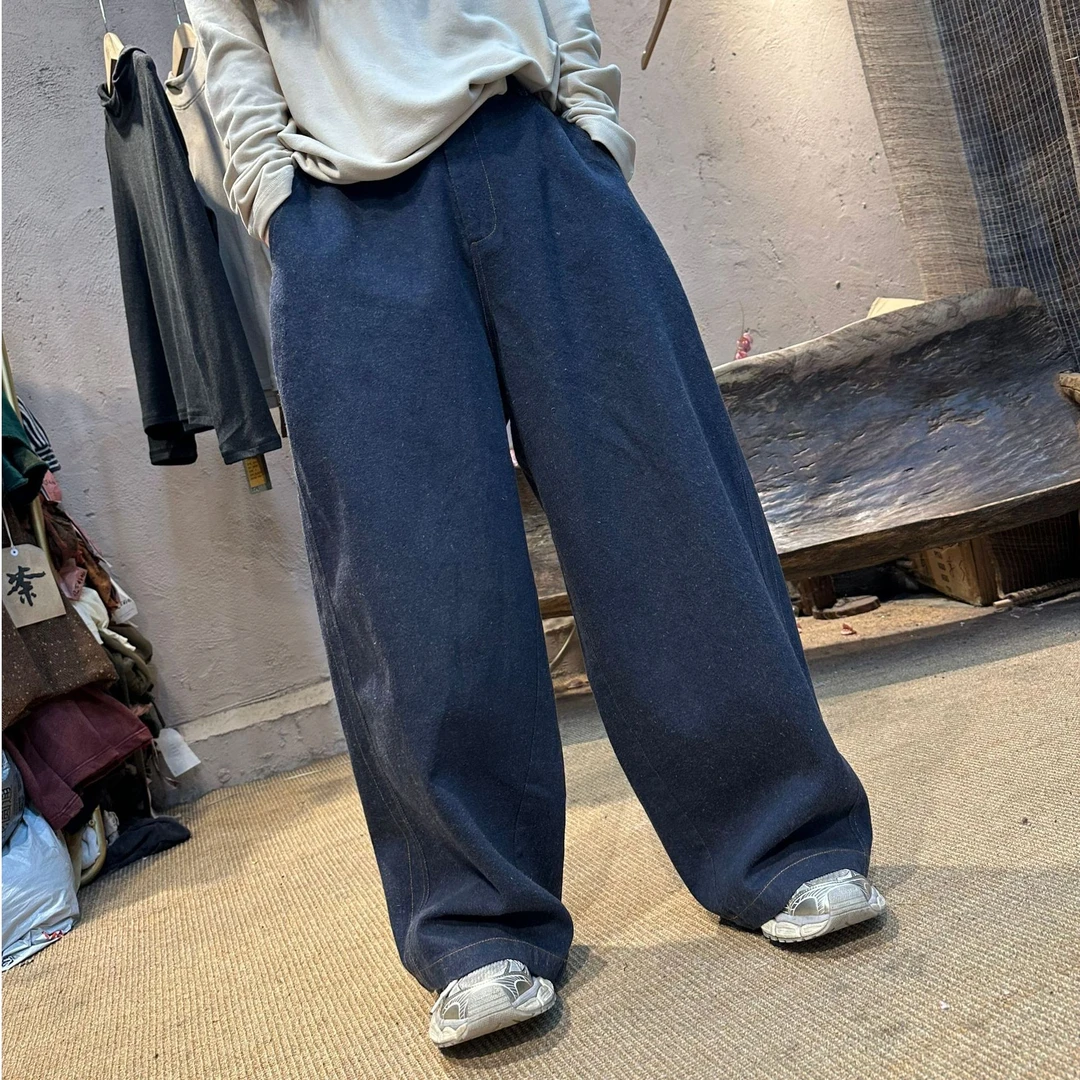 8042秋冬高品色织棉麻混纺做旧休闲裤复古明线斜纹汉麻百搭直筒裤