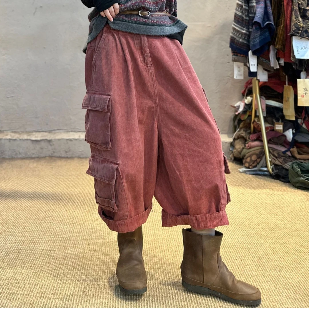 特23713沐布衣秋季色织亚麻做旧百搭工装裤宽松个性多口袋休闲裤