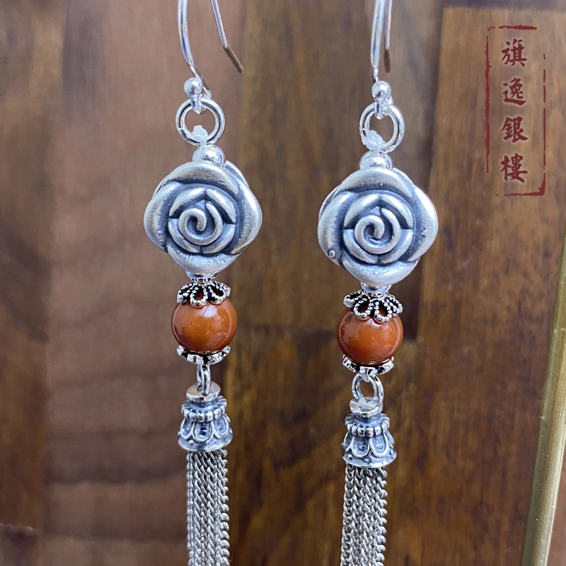 925银耳饰 玫瑰花流苏耳坠手工民族风耳饰长款国风个性耳饰80621