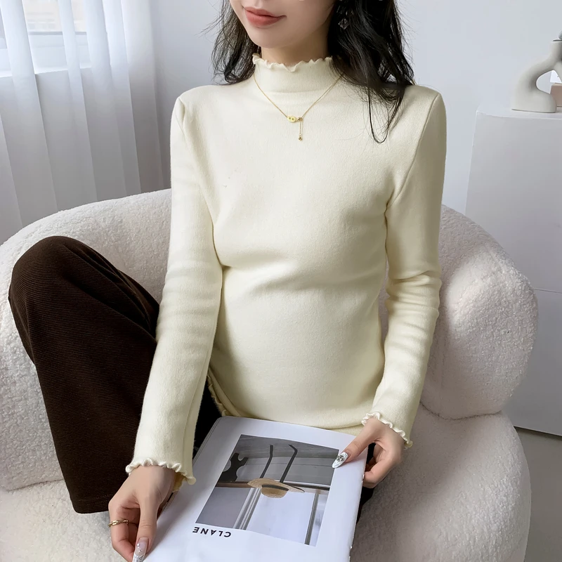 孕妈穿搭ヾ孕妇装秋冬加绒加厚保暖中高领打底针织衫冬季内搭上衣