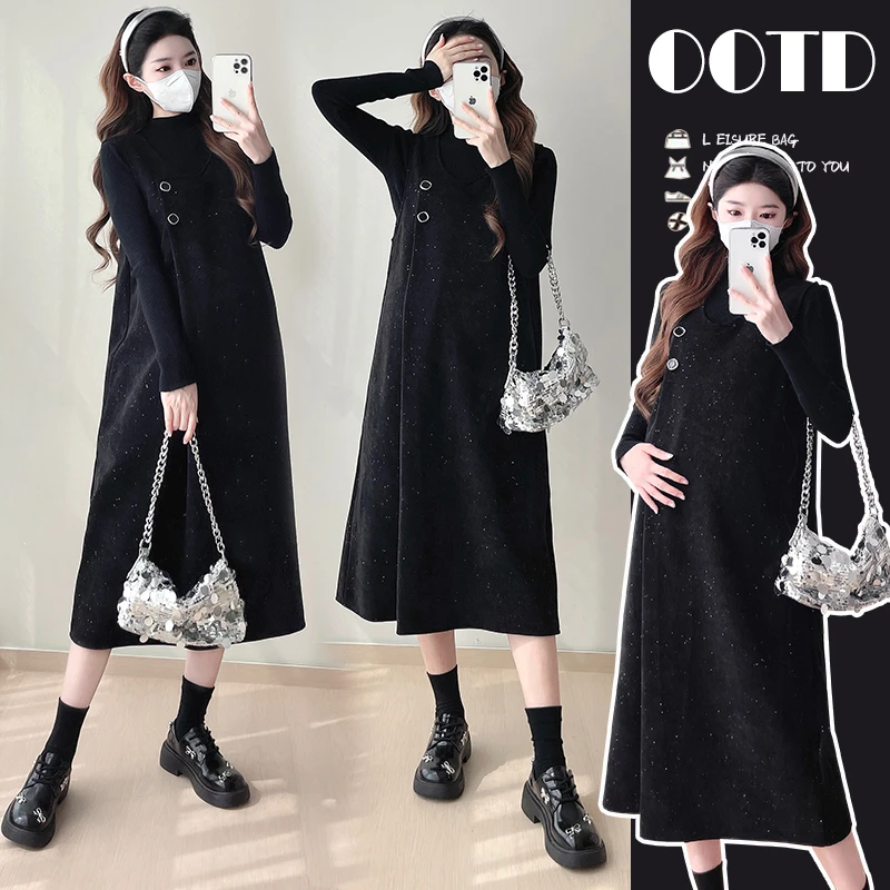 高级感孕妇连衣裙秋冬新款宽松大码时尚显瘦背带裙加绒保暖两件套