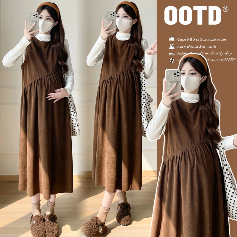 孕妇装秋冬2024新款灯芯绒背心裙打底裙子宽松显瘦两件套连衣裙子