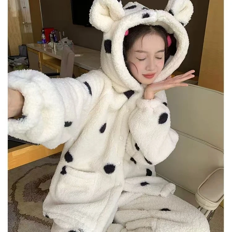 波点珊瑚绒睡衣月子服冬季加绒加厚孕妇立领家居服保暖待产可外穿