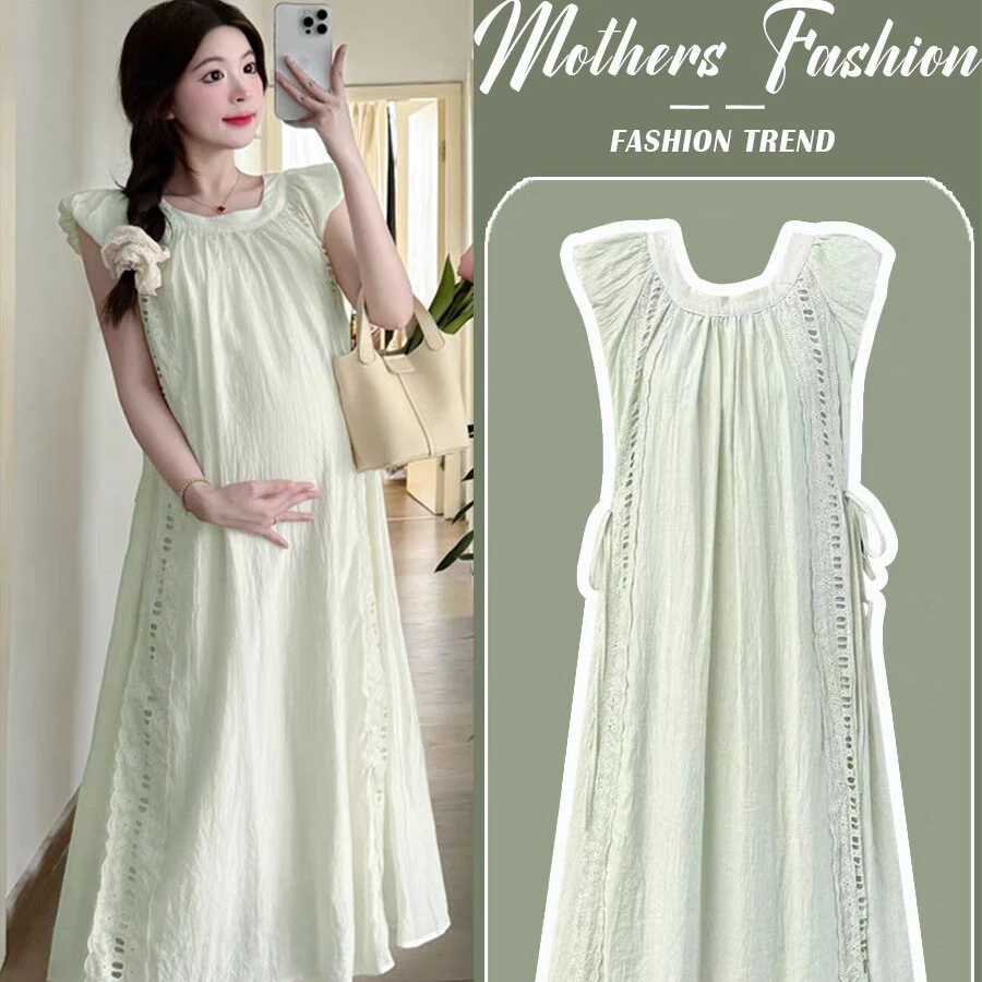 孕妇装飞飞袖连衣裙夏季减龄2024韩版A字长裙显瘦甜美外穿裙子潮.