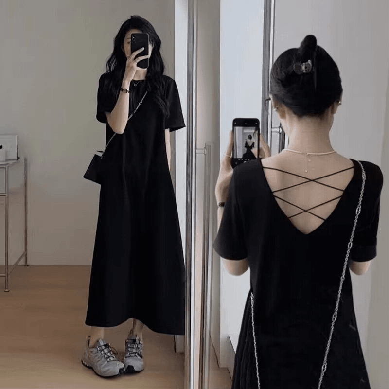 孕妇连衣裙夏装2024新款夏季露背时髦洋气宽松黑色短袖t恤长裙子.