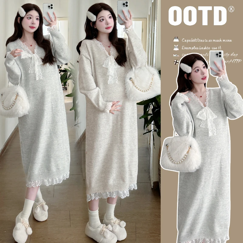 2024秋冬装新款孕妇装宽松蕾丝拼接连衣裙冬天气质长袖针织毛衣裙