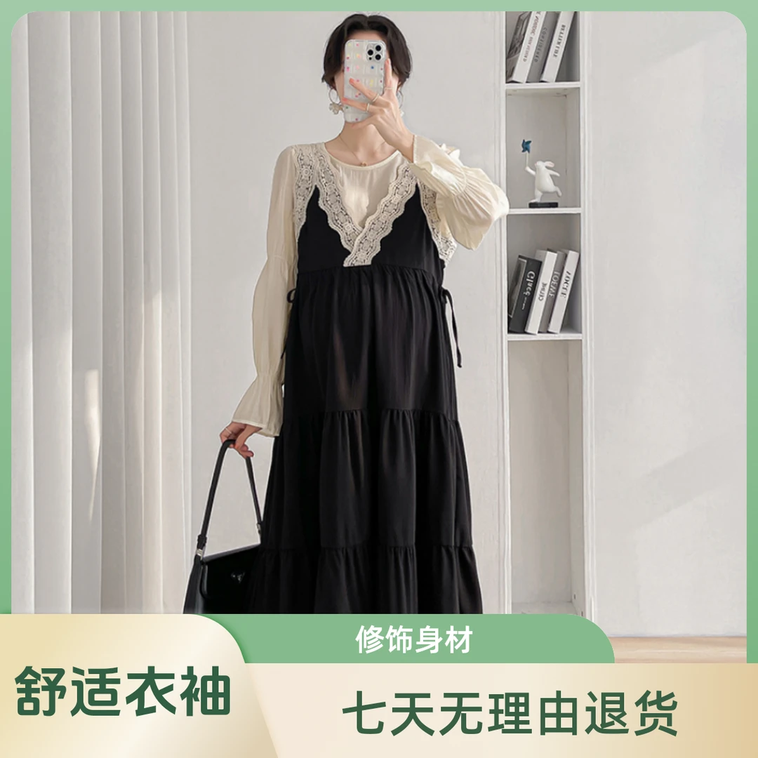 孕妇秋装连衣裙2024新款蕾丝边假两件大码宽松过膝辣妈裙子春秋款